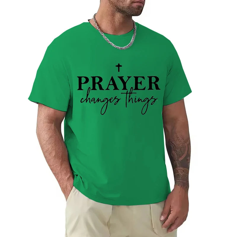 Christian Gift T-Shirt for Men Prayer Changes Things Cross Print Casual O Neck Short Sleeve Tops Perfect for Religious Male Tees