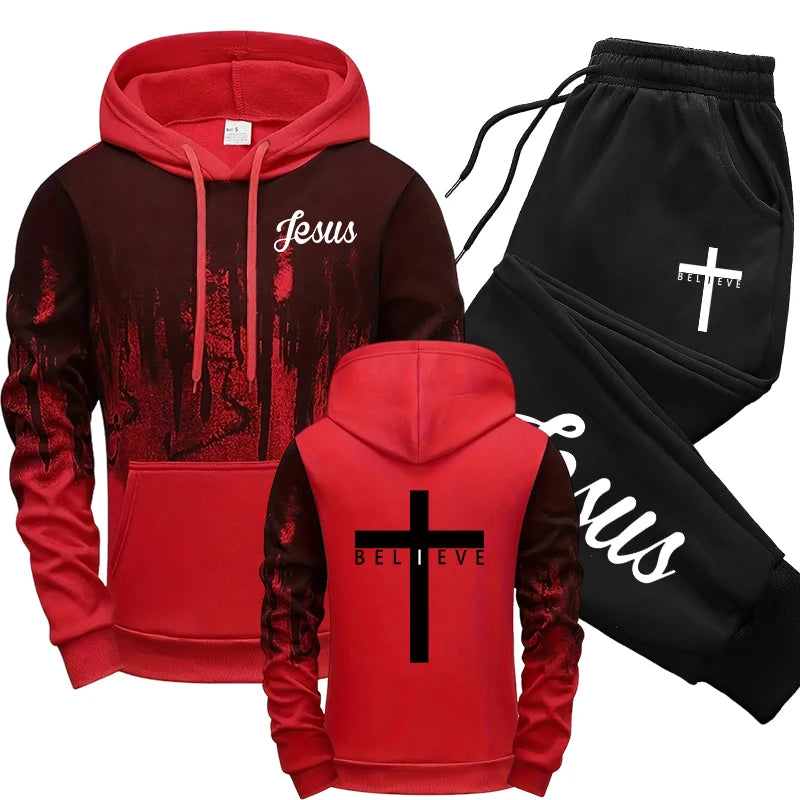Jesus Christ Style Hoodies and Sweatpants Autumn Winter Daily Casual Sporty Jogging Suit Cross Tracksuit High Quality Men's Set