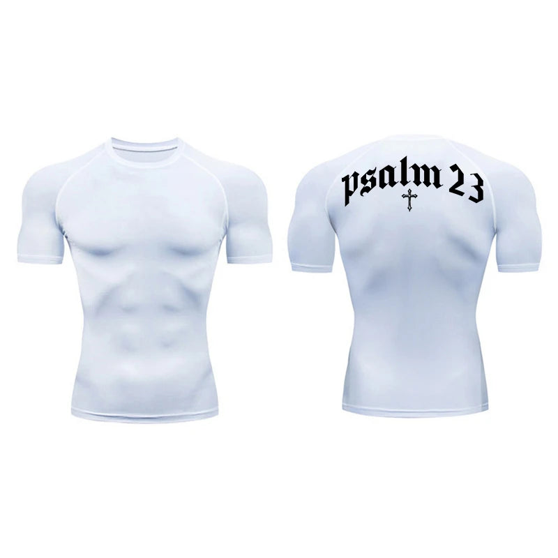 Psalm 23 Cross Print Compression Shirt for Men Sporty Quick Dry Tees Tshirt Tops Gym Workout Fitness Undershirts Baselayers