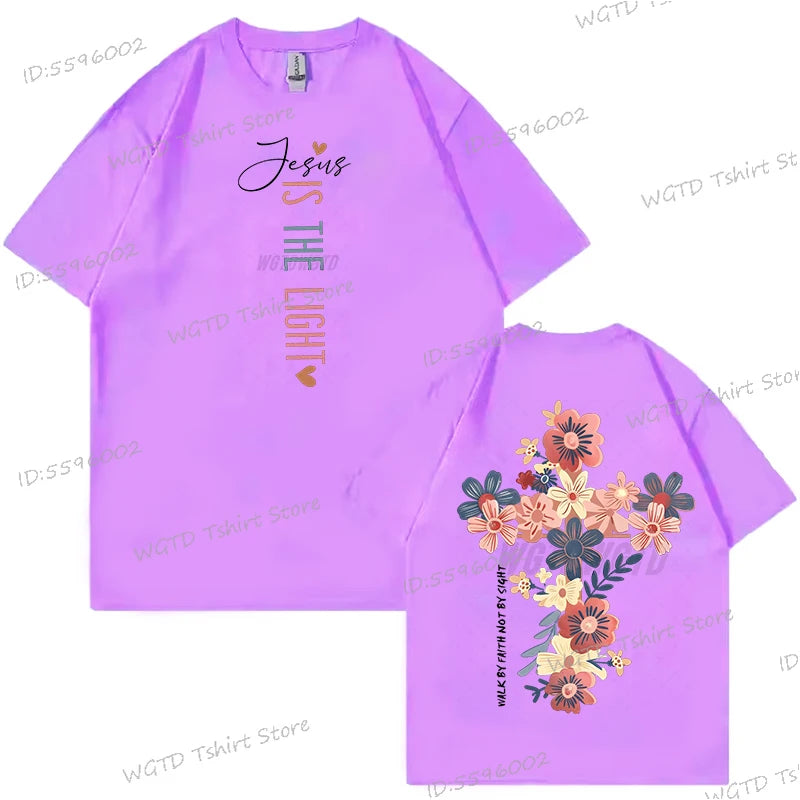 Jesus Is The Light Christian T Shirt Inspirational Floral Cross Vintage T Shirts Women Gift for Christian Religious T Shirts