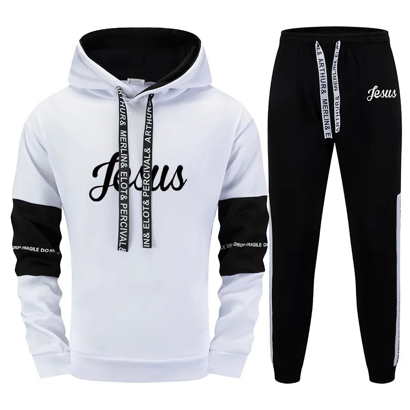 Jesus Printed Men's Tracksuit Hoodies Sweatpants Black White Mixing Color Sweatshirts Jogger Pants Urban Fashion Casual Outfits