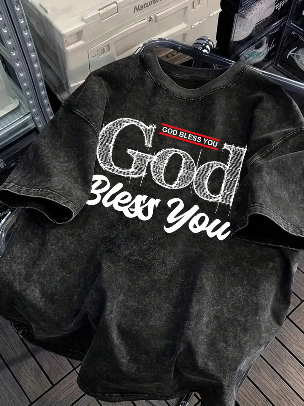 God Bless You Design Snow Washed T-Shirt Mens Summer Loose Retro Short Sleeve Unisex Cotton Top Fashion All-Match Clothing