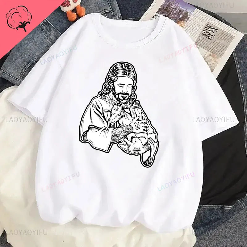 Jesus Vs Satan in A Boxing Match Funny Cotton Men's Clothing Not Today Satan John 14 6 Christian Unisex Street Trend Tshirt