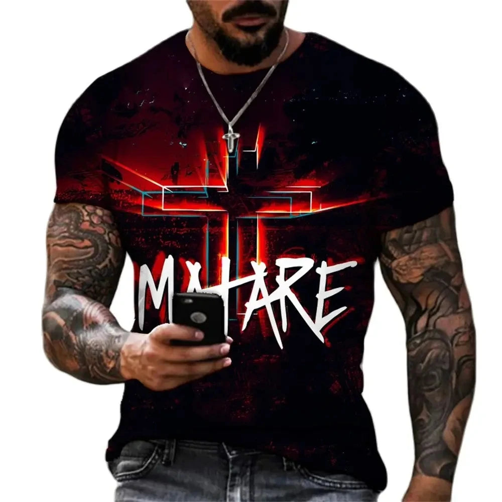 Jesus Christ Cross 3D Print Christian Mens Clothing T Shirts Oversized Vintage T Shirt O-neck Tops Hip Hop Short Sleeve