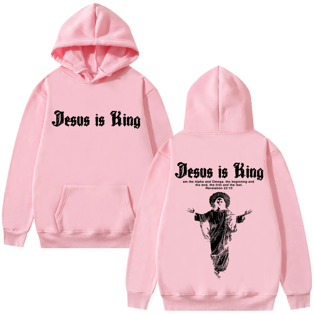 Jesus Is King Print Men Plus-size Hoodie Religious Outdoor Street Casual Fashion Long-sleeve Autumn Fleece Top