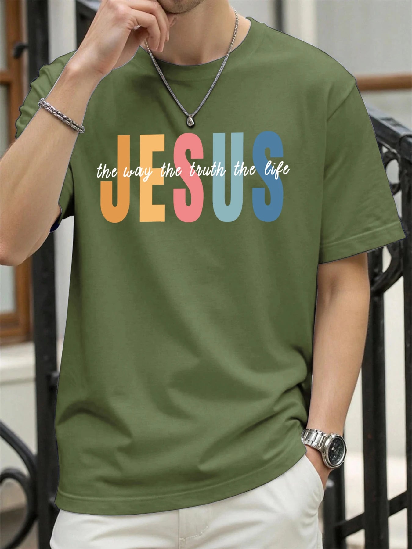 Jesus Color Letter Creative Printed T Shirt Man Summer All-Match Tops O-Neck Hip Hop Short Sleeve Men Cotton Breathable T-Shirts