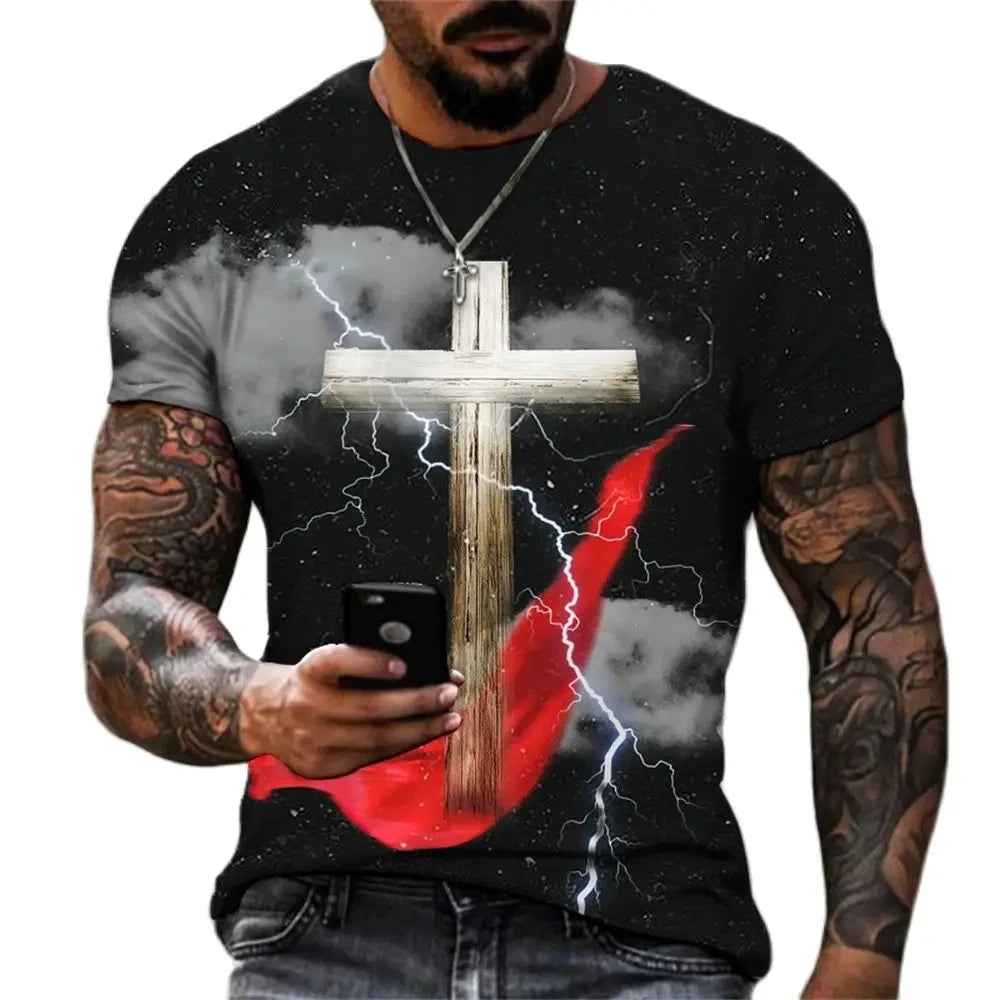 Jesus Christ Cross 3D Print Christian Mens Clothing T Shirts Oversized Vintage T Shirt O-neck Tops Hip Hop Short Sleeve