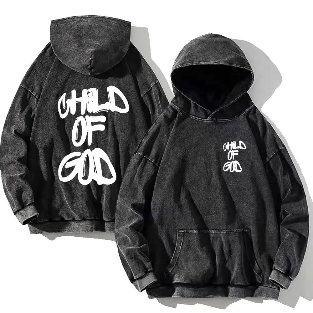 Child Of God Print Vintage Washed Hoodie Men Women Cotton Long Sleeve Hip Hop Hooded Sweatshirt Casual Gothic Spring Autumn Top