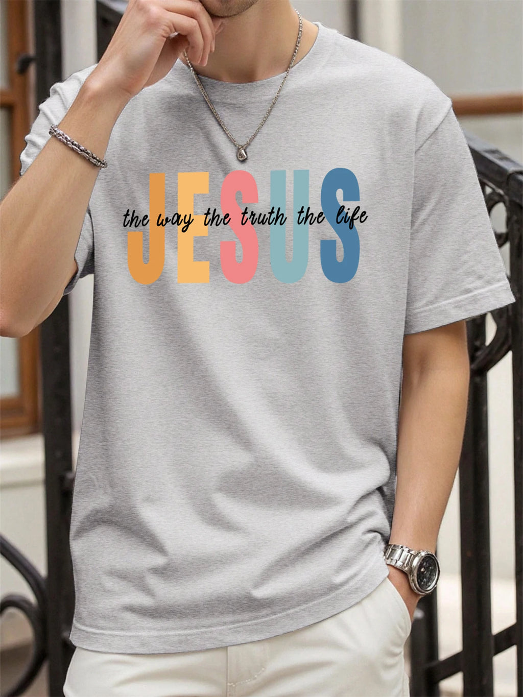 Jesus Color Letter Creative Printed T Shirt Man Summer All-Match Tops O-Neck Hip Hop Short Sleeve Men Cotton Breathable T-Shirts