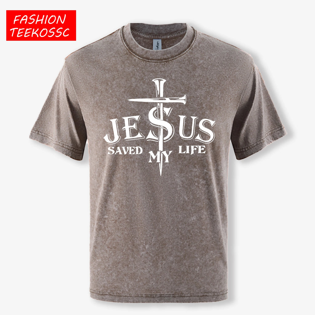 Jesus Saved My Life Letter Graphic Design Washed Mans T Shirt Summer Loose Trendy Tee Soft Cotton Clothes Basics Short Sleeve