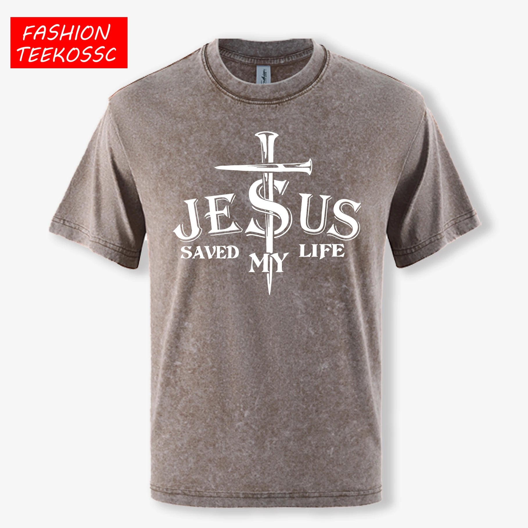 Jesus Saved My Life Letter Graphic Design Washed Mans T Shirt Summer Loose Trendy Tee Soft Cotton Clothes Basics Short Sleeve