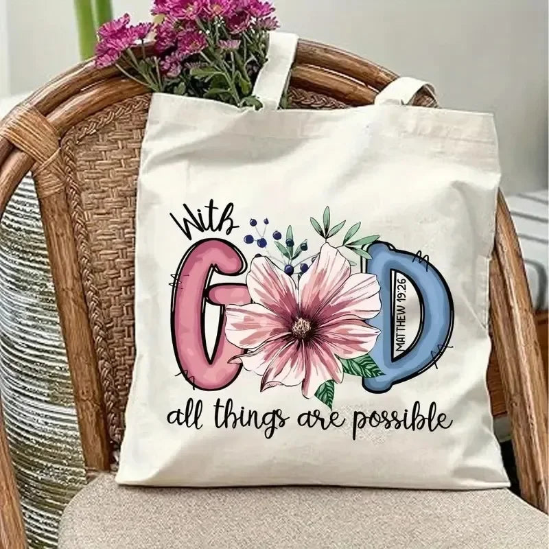 God Is Good  All Things Are Possible Canvas Tote Bag  Christian Shoulder Bag Bible Verse Print  Christianity Bags for Women