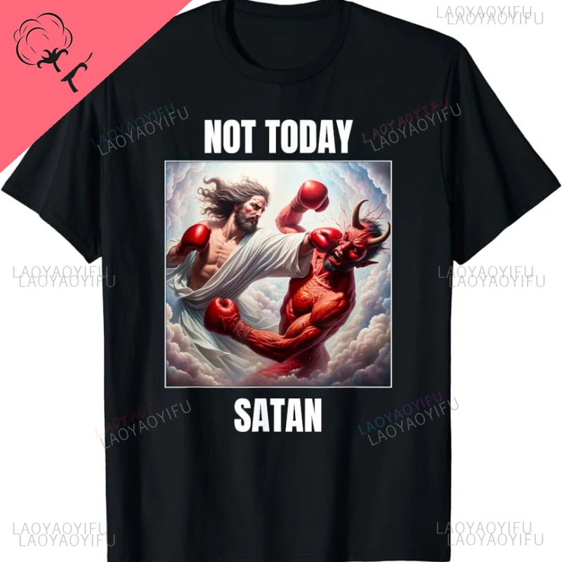Jesus Vs Satan in A Boxing Match Funny Cotton Men's Clothing Not Today Satan John 14 6 Christian Unisex Street Trend Tshirt