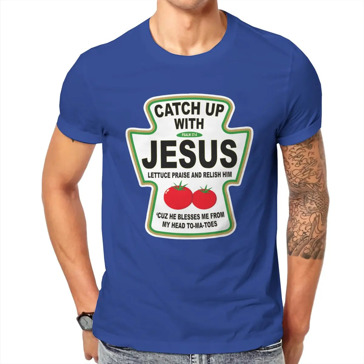 Christian Catch Up With Jesus Ketchup Men's T Shirt Christ Religion Casual Tee Shirt T-Shirts 100% Cotton Printed Tops