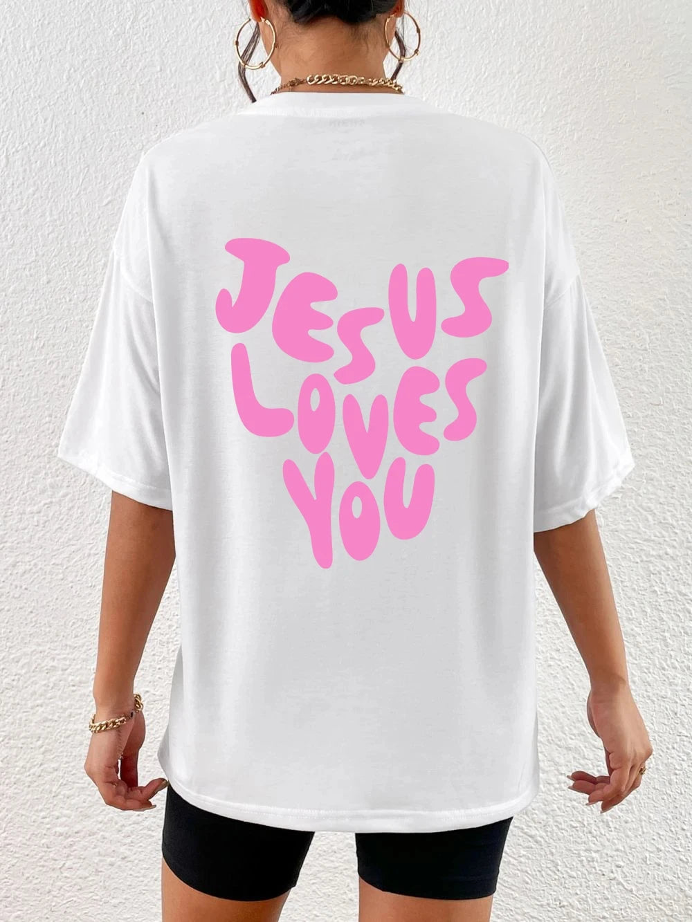 Jesus Loves Me Letter Prints Female Cotton T-Shirts Fashion O-Neck Oversize Tops Casual Loose Soft Short Sleeve Women Clothing