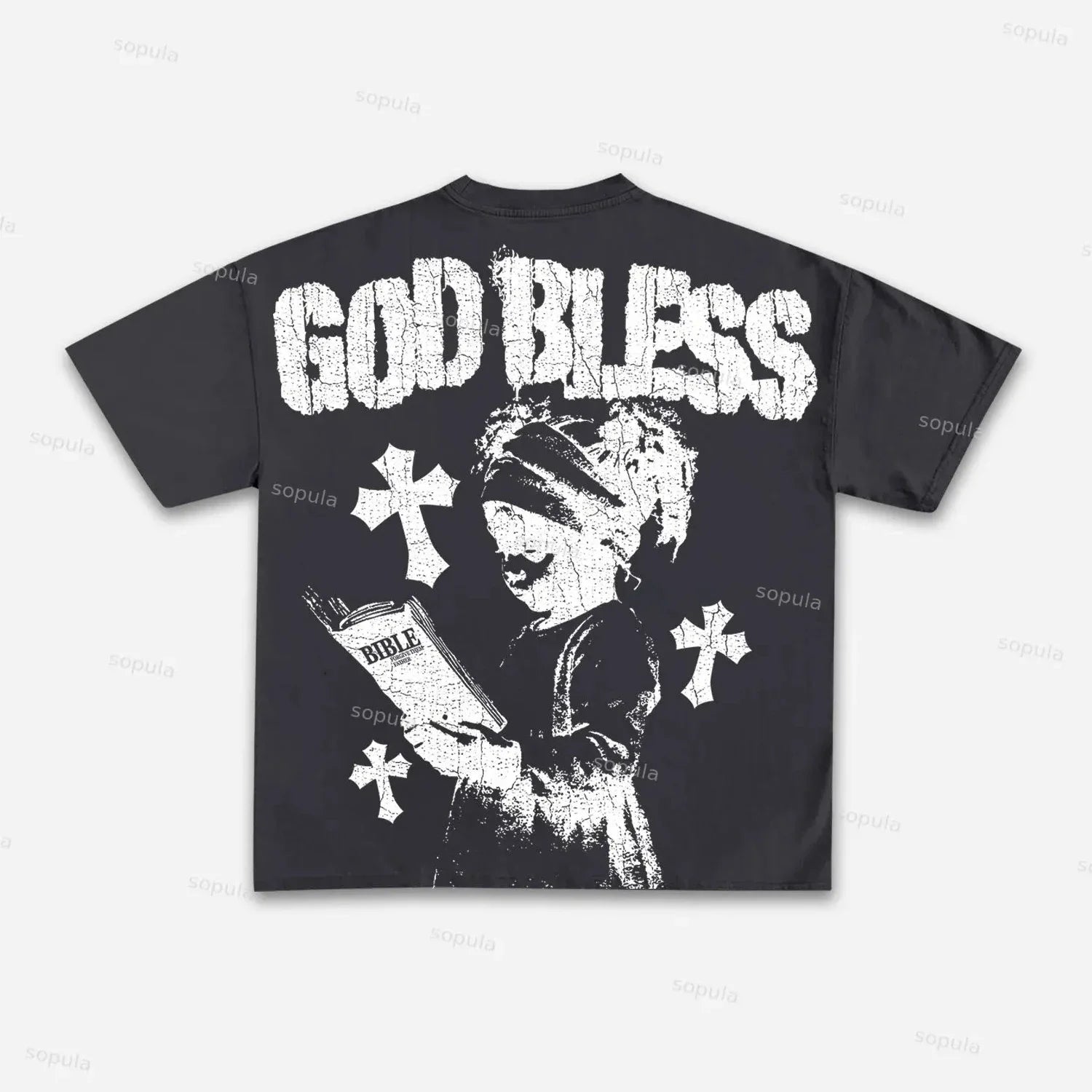 God Bless Children's Prayer Graphic Print Cotton T-shirt Men Women High Quality Tops Vintage Style T Shirt Outside Streetwear