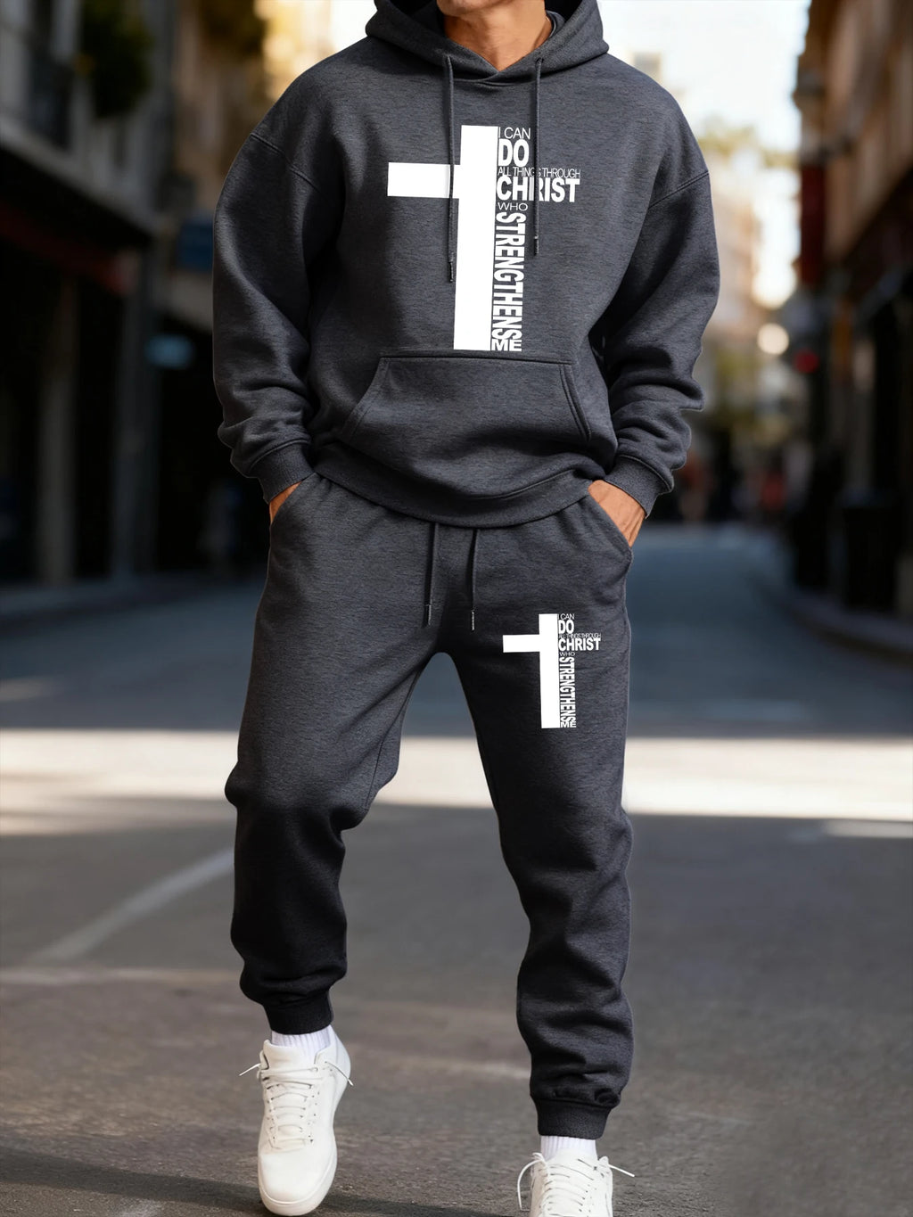 Christ Has Made Me Invincible Printing Man Hoodie Set Sporty Long-Length Two Pices Sets Street Couple'S Hoody Fashion Pants