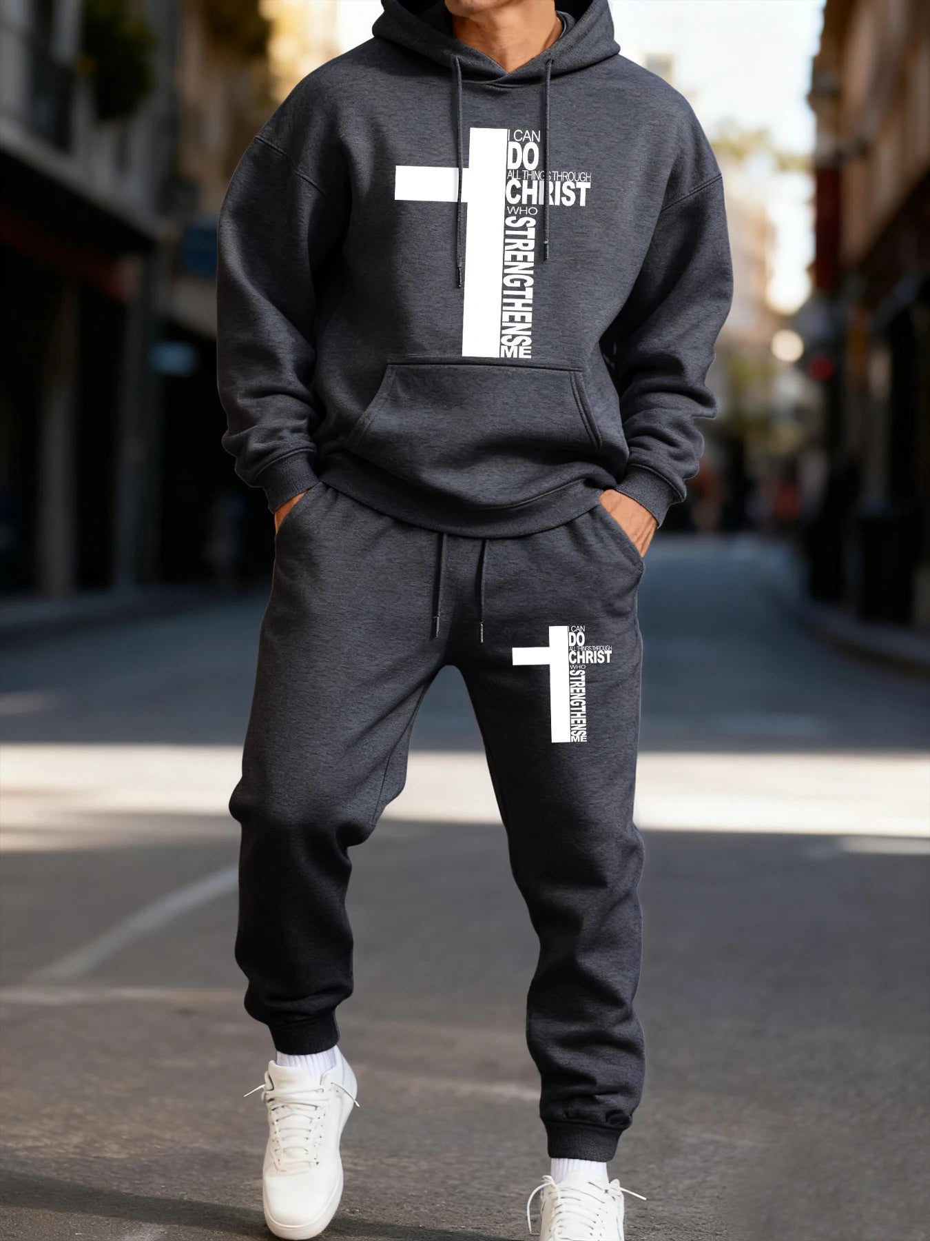 Christ Has Made Me Invincible Printing Man Hoodie Set Sporty Long-Length Two Pices Sets Street Couple'S Hoody Fashion Pants