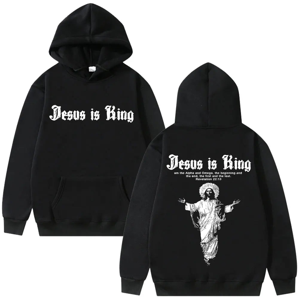 Jesus Is King Print Men Plus-size Hoodie Religious Outdoor Street Casual Fashion Long-sleeve Autumn Fleece Top