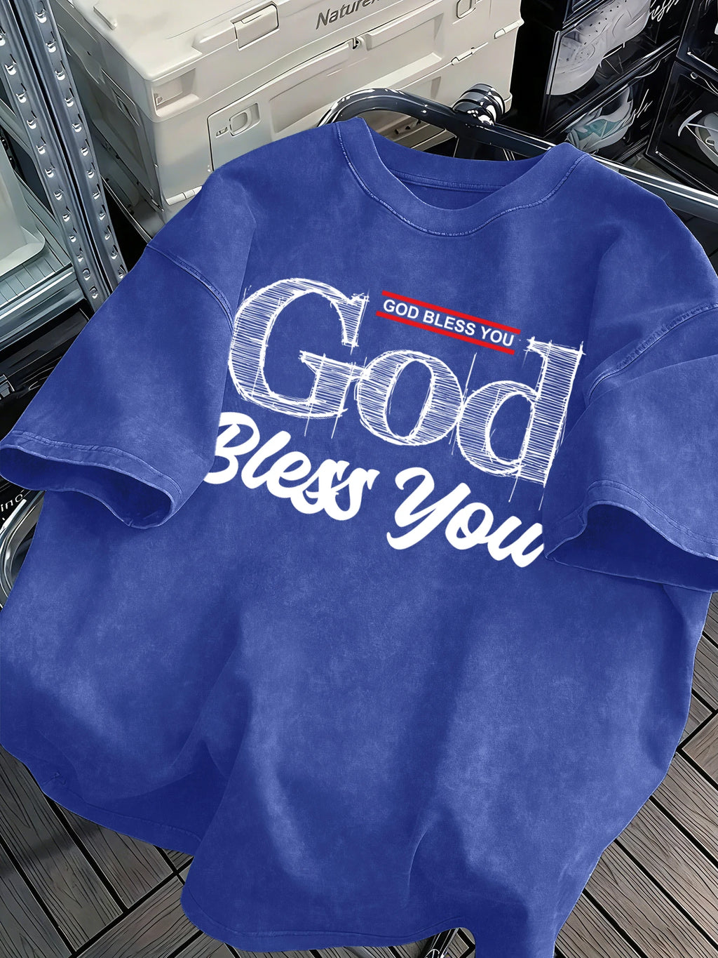 God Bless You Design Snow Washed T-Shirt Mens Summer Loose Retro Short Sleeve Unisex Cotton Top Fashion All-Match Clothing