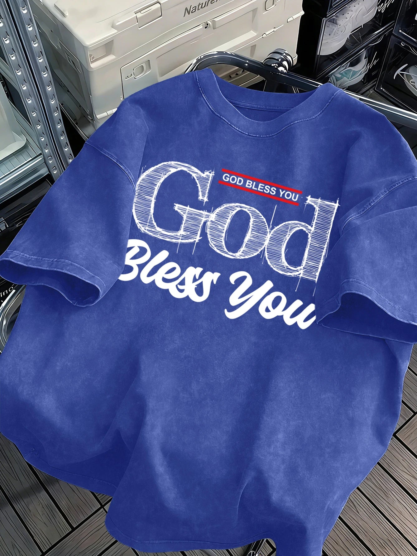 God Bless You Design Snow Washed T-Shirt Mens Summer Loose Retro Short Sleeve Unisex Cotton Top Fashion All-Match Clothing
