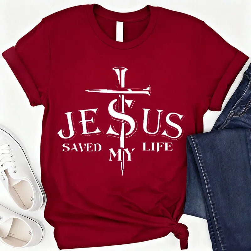 Jesus Saved My Life Jesus Cotton T-shirt, Religious Christian Gift, Church Faith Top God Jesus Love Vertical Cross Crew Neck Tee